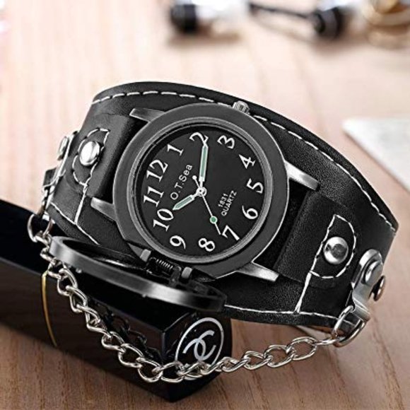 MEN'S/WOMEN'S LEATHER CHAIN BIKER WRIST WATCH - Picture 3 of 5